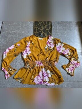 june & hudson Mustard Floral Peplum Blouse with Pink Flowers